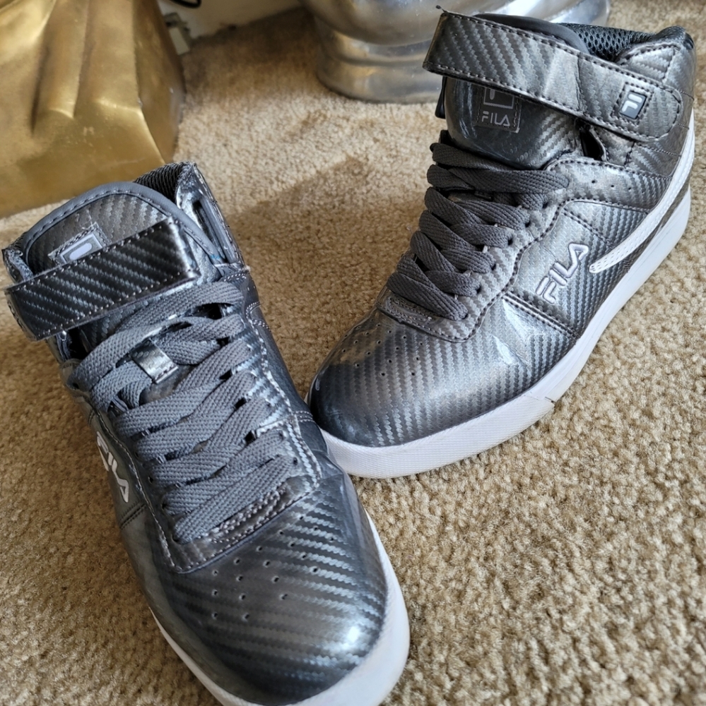 Grey Patent leather Fila high tops